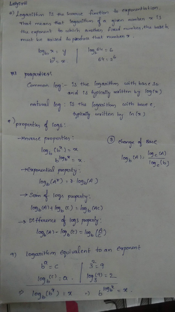 6) o exponantia tion That means tint nganithin fa the e叩ona nt to tohich arothen foud nombo),the base b. must be daised to paoduce that nomben ゲ Common lo 1 the logarithm uoith bas e 16 and is fypicalty wsitten by log (x) og etb) →exponent tog) lo ()Cac) → Differenc exponern anihm equivatent 3-9