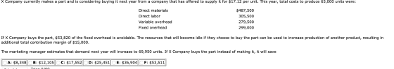 X Company currently makes a part and is considering buying it next year from a company that has offered to supply it for $17.