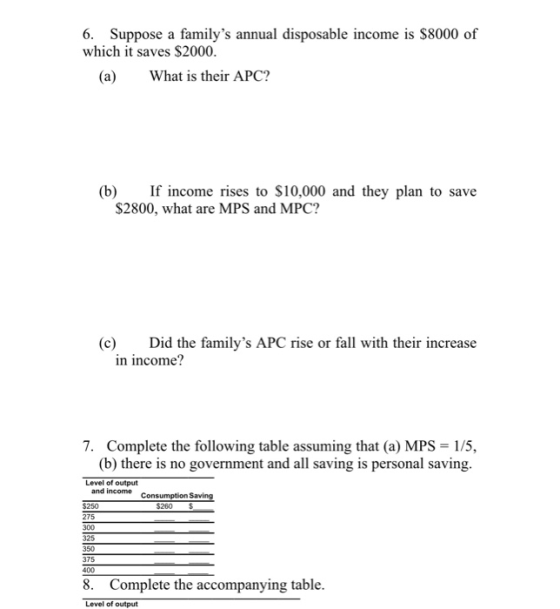 6. Suppose a familys annual disposable income is $8000 of which it saves $2000. (a) What is their APC? (b) If income rises t