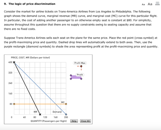 9. The logic of price discrimination Aa Aa Consider the market for airline tickets on Trans-America Airlines from Los Angeles