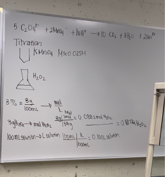 5 C₂O4 Titration + 2 Mnoy + lottt 10 CO₂ + 8H₂0 t 2012 I KMnO4 M20.025H 20%= 9 mol Toomi L MW 39 Imol = 0.0882mol H202 3gltze