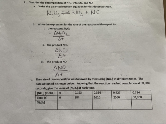 2. Consider the decomposition of N,O, into NO, and NO. a. Write the balanced reaction equation for this decomposition. NO NO₂