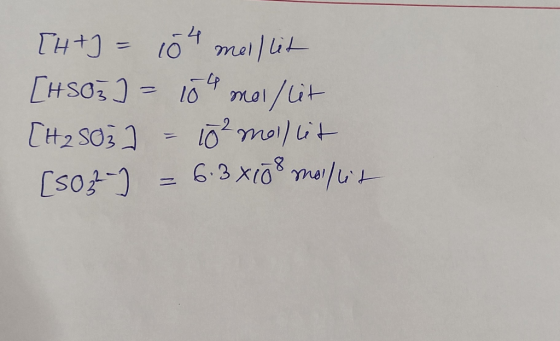 [H+] = 104 meillit [HS03 ) = 104 mol / lit [H2 503 ] = 10² mollit [s02-] = 6.3x108 mollit