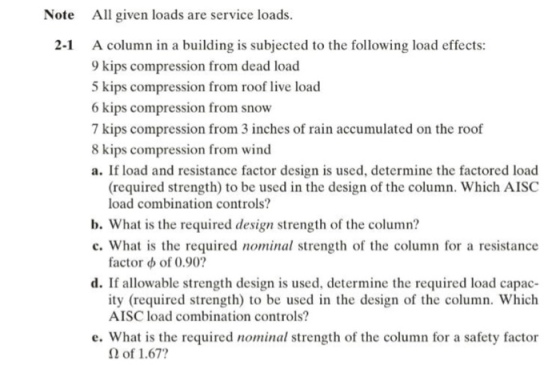 All given loads are service loads. A column in a building is subjected to the following load effects: 9 kips compression from dead load 5 kips compression from roof live load 6 kips compression from snow 7 kips compression from 3 inches of rain accumulated on the roof 8 kips compression from wind a. If load and resistance factor design is used, determine the factored load Note 2-1 (required strength) to be used in the design of the column. Which AISC load combination controls? b. What is the required design strength of the column? c. What is the required nominal strength of the column for a resistance factor φ of 0.90? d. If allowable strength design is used, determine the required load capac ity (required strength) to be used in the design of the column. Which AISC load combination controls? e. What is the required nominal strength of the column for a safety factor Ω of 1.67?