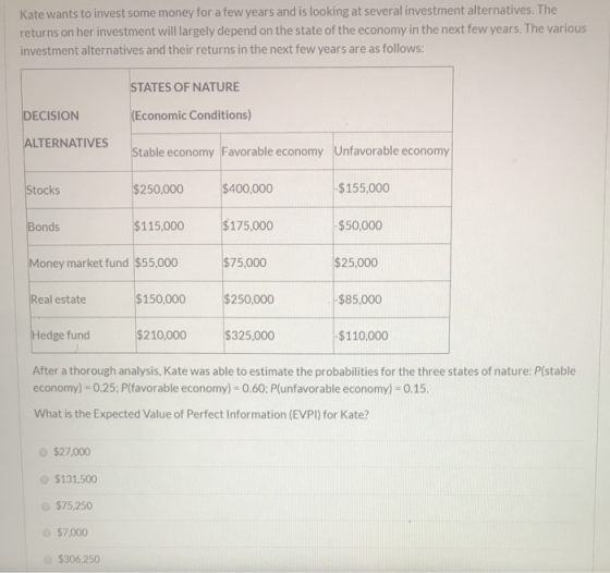 Kate wants to invest some money for a few years and is looking at several investment alternatives. The returns on her investm