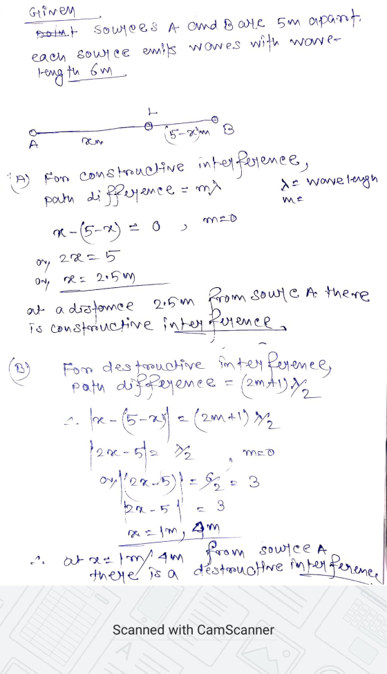 Grinen point sources A and B are sm apant each source emits womes with wawe length 6m (5-8) B А A o > Fon construcline inferf