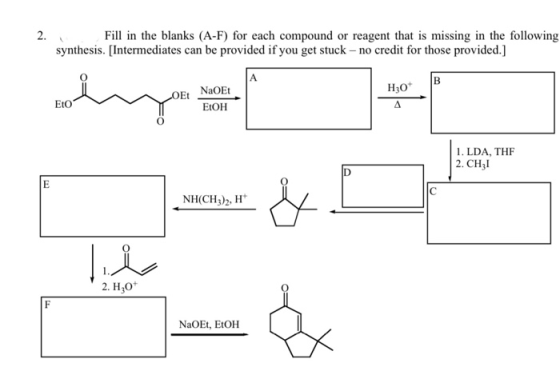 2. Fill in the blanks (A-F) for each compound or reagent that is missing in the following synthesis. [Intermediates can be pr