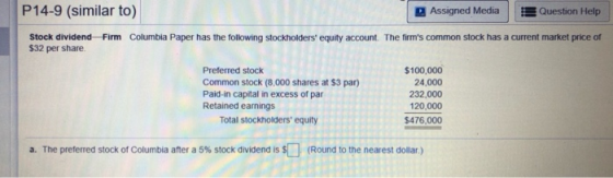 P14-9 (similar to) Assigned Media Question Help Stock dividend Firm $32 per share. Columbia Paper has the following stockhold