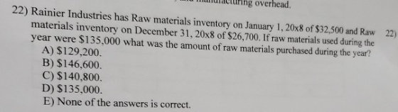 22) mu duluring overhead. 22) Rainier Industries has Raw materials inventory on January 1, 20x8 of $32,500 and Raw materials