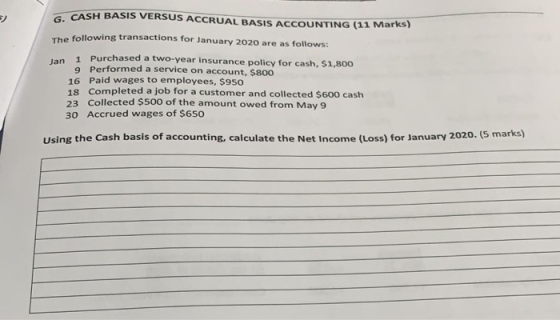 CASH BASIS VERSUS ACCRUAL BASIS ACCOUNTING (11 Marks) The following transactions for January 2020 are as follows: 1 Purchased