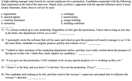 A high-ranking manager interviewed six current employees for a promotion. Candidates responded with the following final state