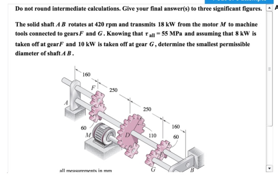 Do not round intermediate calculations. Give your final answer(s) to three significant figures. A The solid shaft A B rotates at 420 rpm and transmits 18 kW from the motor M to machine tools connected to gears F and G. Knowing that τ all-55 MPa and assuming that 8 kw is taken off at gearF and 10 kW is taken off at gear G, determine the smallest permissible diameter of shaft AB 160 F250 250 60 160 110 60 all measnrements in mm