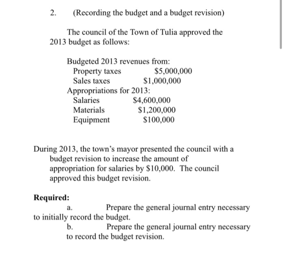 2. (Recording the budget and a budget revision) The council of the Town of Tulia approved the 2013 budget as follows: Budgete