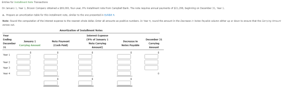 Entries for Installment Note Transactions On January 1, Year 1, Bryson Company obtained a $69,000, four-year, 9% installment