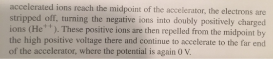 accelerated ions reach the midpoint of the accelerator, the electrons are stripped off, turning the negative ions into doubly