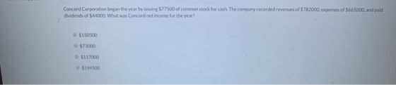 Concord Corporation began the year by issuing 577500 of common stock for cash. The company recorded revenues of $782000, expe