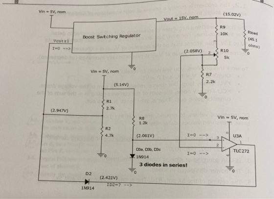 Vin - 5V, nom (15.02V) Vout = 15V, nom R9 > 10K nok <Pload Boost Switching Regulator Ventri I=0 --> (45.1 ohms) (2.058V) 2.3