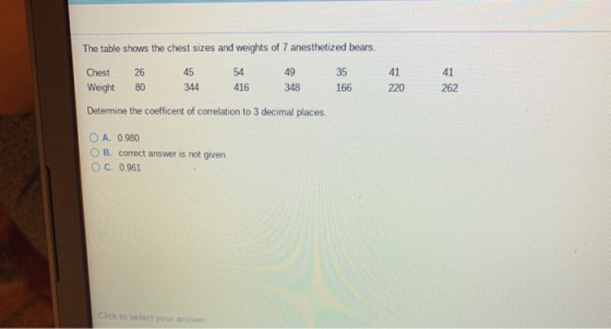 The table shows the chest sizes and weights of 7 anesthetized bears. Chest 26 Weight 80 45 344 54 416 49 348 35 166 41 220 41 262 Determine the coeficent of correlation to 3 decimal places. O A. 0.980 O B. correct answer is not given O C. 0.961 Click to select your answer