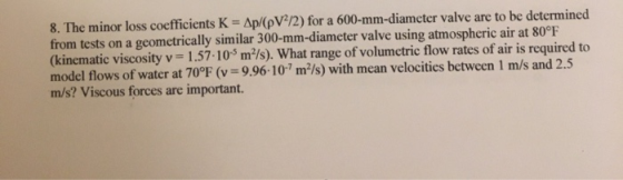 8. The minor loss coefficients K = Ap/(PV/2) for a 600-mm-diameter valve are to be determined from tests on a geometrically s