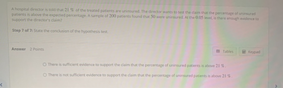 A hospital director is told that 21% of the treated patients are uninsured. The director wants to test the claim that the per