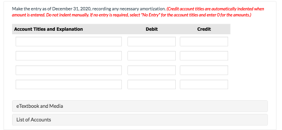 Make the entry as of December 31, 2020, recording any necessary amortization. (Credit account titles are automatically indent