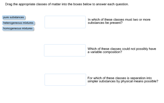 Drag the appropriate classes of matter into the bo