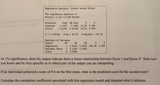 Regression Analysis: Score2 versus Score1 The regression equation is Score2 = 1.12 + 0.218 Score1 Predictor Constant Score: C