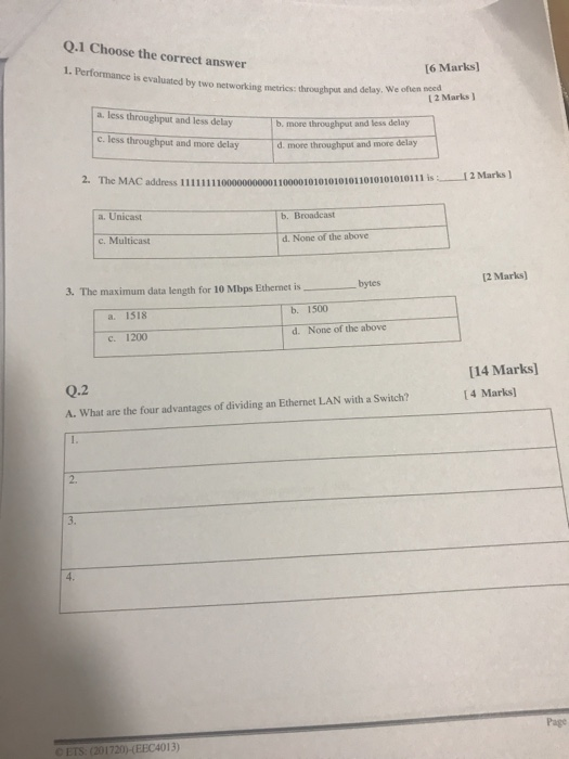 Q.1 Choose the correct answer 1. Performance is evaluated by two networking metrics: throughput 6 Marks and delay. We often need I2 Marks ) a. less throughput and less delay b. more throughput and less delay c. less throughput and more delay d more throughput and more delay 1 1 1 1 1 1 1 1000000000011000010101010101101010101011 is._L 2 Marks ] a. Unicast b. Broadcast c. Multicast d. None of the above 2 Marks) 3. The maximum data length for 10 Mbps Ethernet isbytes b. 1500 a. 1518 d. None of the above c. 1200 114 Marks) 4 Marks] Q.2 A. What are the four advantages of dividing an Ethernet LAN with a Switch? 2. 3. Page ETS (201720)-(EEC401 3)