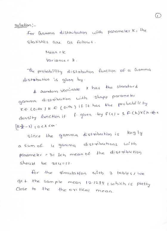 Solution for Gamma distau ith paame ler K, the Slehstics ae as follows . variance; k The probabity disbution funcion of a Gammą istibuby table has the Slondard A Sand Vaiab shape parame er gamma tion f given.loy f(t)-1F(リx(k-e- density function if since the gammauis arg ly a sum of u jamma parameter 3lleh mean 6f the dist. ฑ์ bution Should be x4(2 for 4he imulation it 3 table s Loe ge the sam ple mean 121288 t uohich is prettey Close to he i cal mean