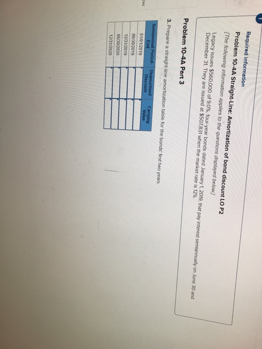 Required information Problem 10-4A Straight-Line: Amortization of bond discount LO P2 [The following information applies to t