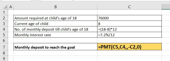 A В C 1 Amount required at childs age of 18 Current age of child No. of monthly deposit till childs age of 18 Monthly inter
