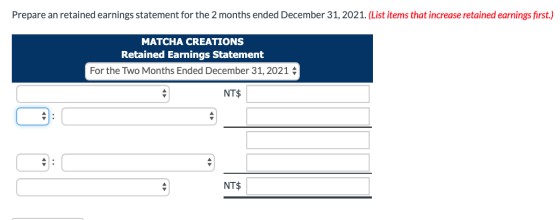 Prepare an retained earnings statement for the 2 months ended December 31, 2021. (List items that increase retained earnings