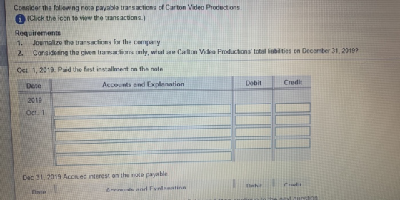 Consider the following note payable transactions of Carlton Video Productions. (Click the icon to view the transactions.) Req