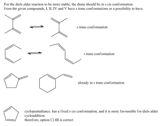 For the diels alder reaction to be more stable, the diene should be in s cis conformation. from the given compounds, I, II, I