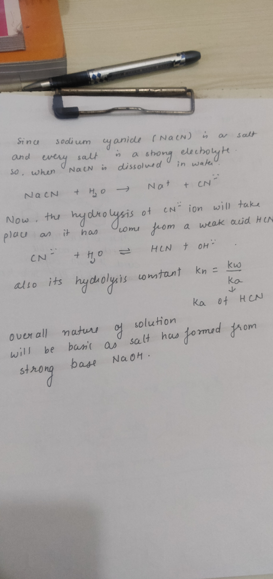 since sodium cyanide (Na(N) is ar salt and every salt is a strong electrolyte. so when NacN is dissolved in water. NacN & HO