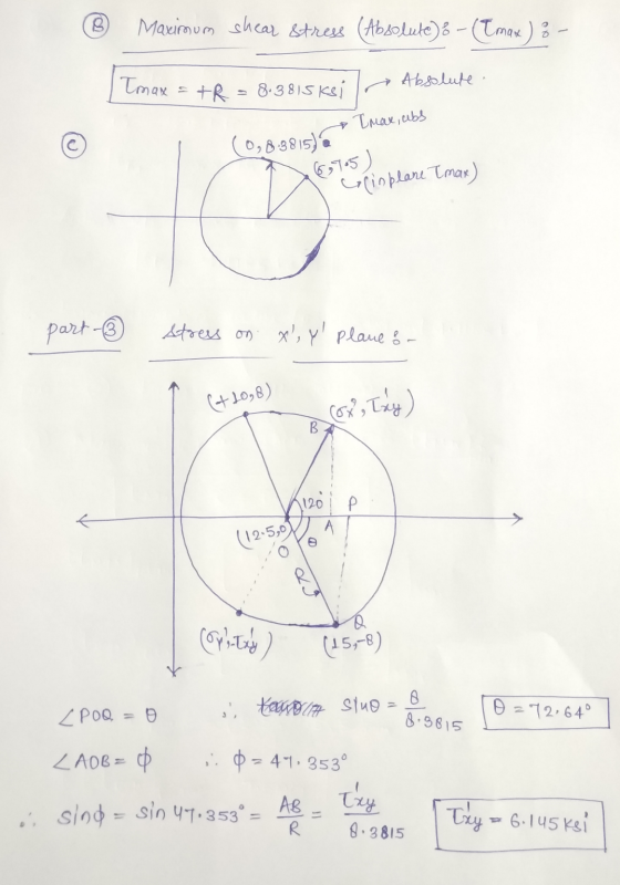 h Maximum shear stress (Absolute):-([max) = - Imax +R = 8.3815kei In Absolute. (098.3815) Tmae, abs 6,75) Cocinplane Tmax) pa