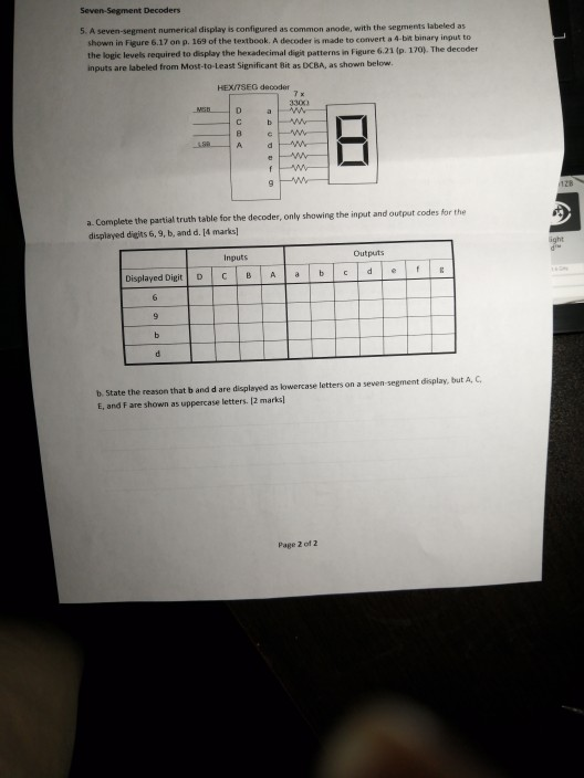 Seven-Segment Decoders 5. A seven-segment numerical display is configured as common anode, with the segments labeled as shown