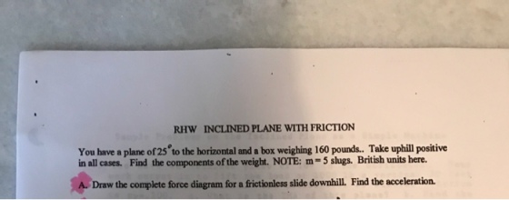 RHW INCLINED PLANE WITH FRICTION You have a plane of 25 to the horizontal and a box weighing 160 pounds.. Take uphill positive Draw the complete force diagram for a frictionless slide downhill. Find the acceleration in all cases. Find the components of the weight. NOTE: m-5 slugs. British units here.