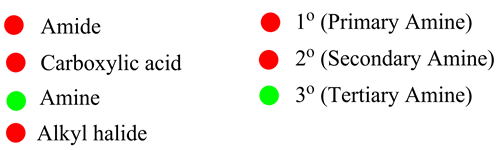 1° (Primary Amine)
Amide
20 (Secondary Amine)
Carboxylic acid
30 (Tertiary Amine)
Amine
Alkyl halide
