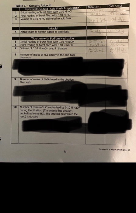 Table 1 - Generic Antacid 1 Hydrochloric Acid (Acid Flask Preparation) 1 Initial reading of buret filled with 0.10 M HA 2 Fin