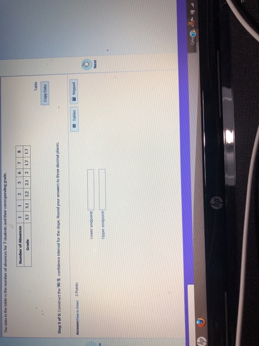 The data in the table is the ruber of absences for 7 students and their corresponding grade. 3.7 3.1 2.2 2. 1 2 1.7 1.7 Copy