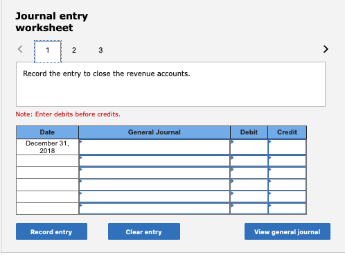 Journal entry worksheet < 2 3 > Record the entry to close the revenue accounts. Note: Enter debits before credits. General Jo