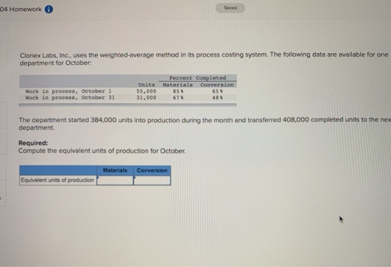 04 Homework Saved Clonex Labs, Inc., uses the weighted average method in its process costing system. The following data are a