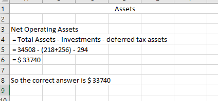 2 3 1 Assets 2 3 Net Operating Assets 4 = Total Assets - investments - deferred tax assets 5 = 34508 - (218+256) - 294 6 = $3