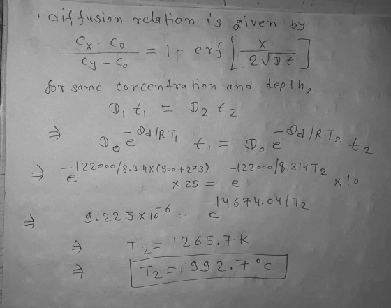 6 diffusion relation is given by Cx-Co х cy-Co 2 DE for same concentration and depth, D, t, - D2t2 dd IRTI ti - Od IR Tz tz e