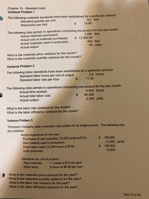 Chapter 10 - Standard costs Variance Problem 1 The following materials standards have been established for a particular produ