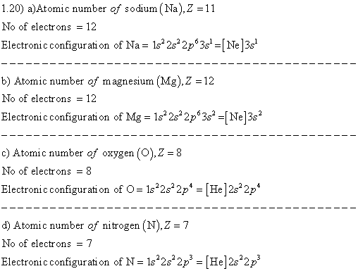 1.20) a)Atomic number of sodium (Na), Z = 11 No of electrons = 12 Electronic configuration of Na= 152 2s 2p 3s =[ Ne]3s - -