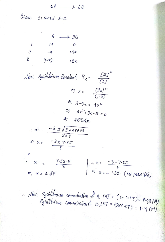 all - 6B Given, a = land 6-2 I c E A - 23 100 - +2x (1-x) +2x Now, Equilibrium Cmstant, kes 2 3 687 (2x)” on, 3-3x = 4x2 or 4