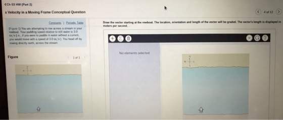 Ch 03 HW (Part 2) t Velocity in a Moving Frame Conceptual Question 4of12 Draw the vector starting at the rowbosat. The location, orientation and length of the ector will be graded. The vectors length is displayed in meters per second Figne 1) You are attempting to row across a stream in your owboat. Your padding speed relative to still water is 3 0 m/spe, d you were to padde in water without a cuent you would move with a speed of 3.0 m/s) You head off by rowing drectly north across the stream No elements selected Figure 1 of 1