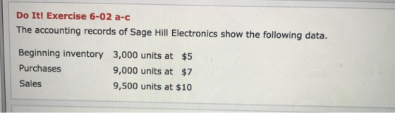 Do It! Exercise 6-02 a-c The accounting records of Sage Hill Electronics show the following data. Beginning inventory Purchas